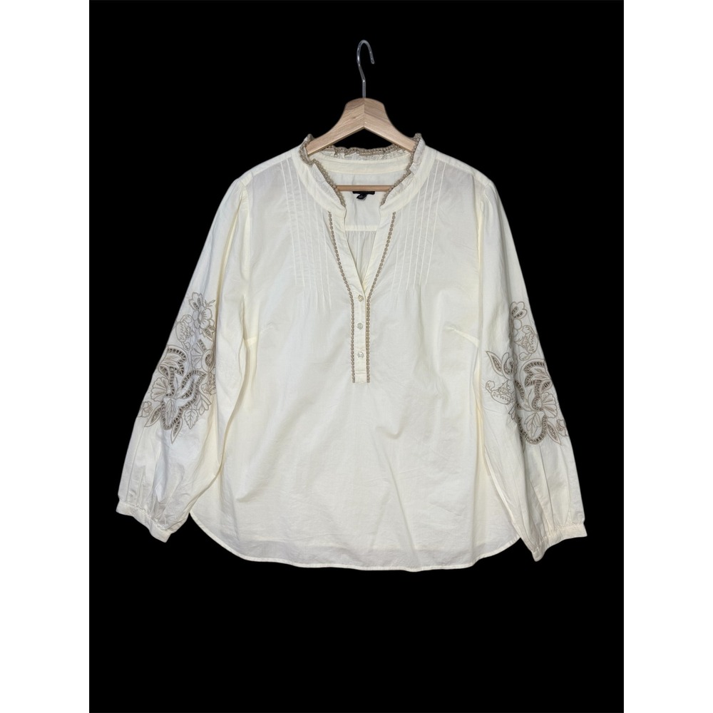 Talbots Womens XL Ivory Cotton Embroidered Eyelet Pintuck Peasant Blouse Top